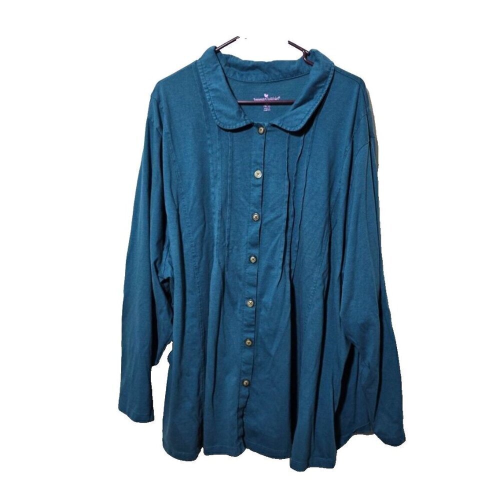 Woman Within Blouse 5X 38/40 Blue Pintucked Button Up Stretch Long Sleeve Casual